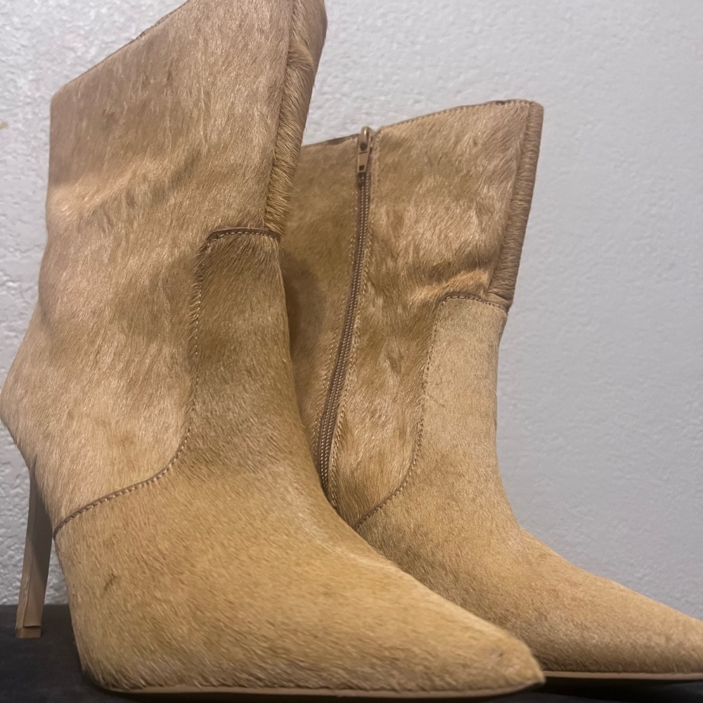 Women's Tan Haircalf Pointed-Toe Ankle Boots
